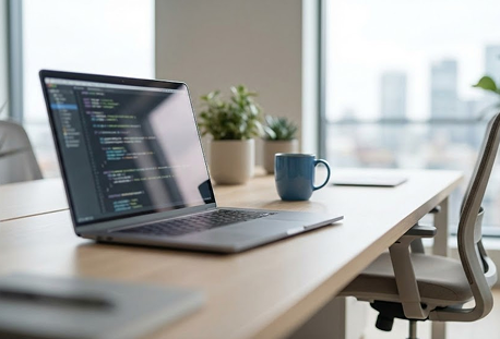 Developer workspace with laptop showing code